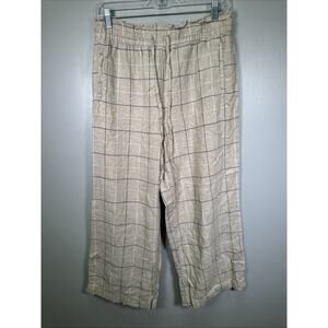 Zac & Rachel Wide Leg Linen Pants Womens M High Rise Crop‎ Beige Check Pattern